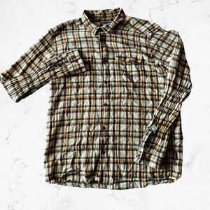 Patagonia Womens Large Long Sleeve Button Up Shirt Plaid Yellow Blue Organic